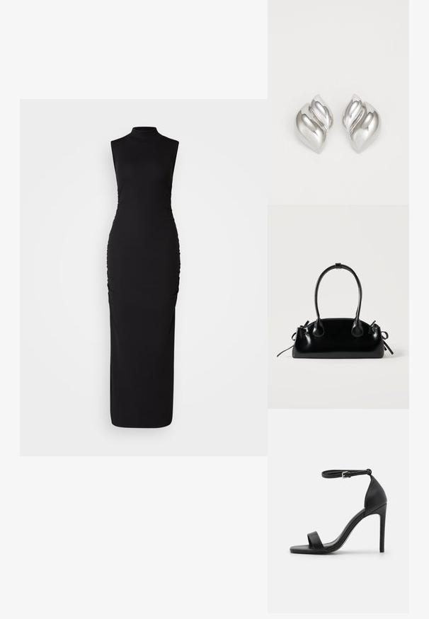 Vestido negro sin mangas con cuello alto, hecho de una tela elástica. Presenta fruncidos laterales para añadir textura, una silueta ceñida y longitud hasta el suelo.; Sandalia de tacón alto negra con un diseño elegante, que cuenta con una correa en el tobillo, punta abierta y una textura de cuero suave.; Pequeño bolso negro brillante con dos asas largas y detalles de cordón lateral sobre un fondo claro liso.; Pendientes de plata con una forma orgánica y abstracta. Superficie lisa y brillante con un diseño cónico. Presentan suaves curvas y un detalle de línea central.