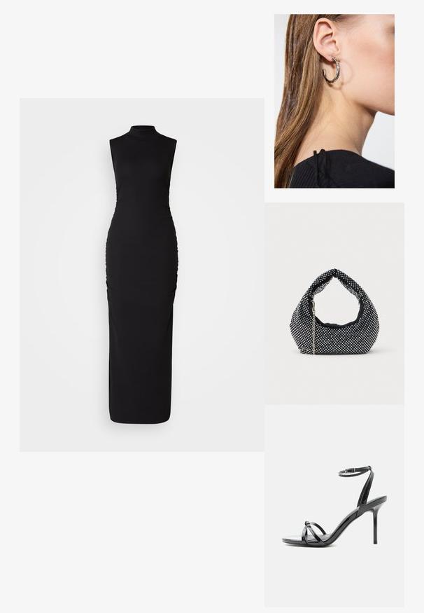 Vestido negro sin mangas con cuello alto, hecho de una tela elástica. Presenta fruncidos laterales para añadir textura, una silueta ceñida y longitud hasta el suelo.; Sandalia de tacón alto de charol negro con tiras finas que cruzan los dedos y una correa con hebilla en el tobillo sobre un fondo blanco.; Bolso de malla negra adornado con tachuelas plateadas, con un asa curvada y una correa de cadena. Textura suave con forma redondeada.; Pendiente de aro de plata con un acabado pulido, que presenta pequeños detalles en dorado y una forma redonda, llevado en el lóbulo.