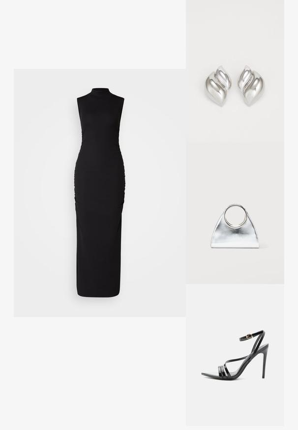 Vestido negro sin mangas con cuello alto, hecho de una tela elástica. Presenta fruncidos laterales para añadir textura, una silueta ceñida y longitud hasta el suelo.; Sandalia negra de tacón alto con finas tiras sobre los dedos y el tobillo, con una hebilla dorada en un tacón stiletto delgado.; Bolso triangular metálico plateado con asa redonda de metal, colocado sobre un fondo blanco liso.; Pendientes de plata con una forma orgánica y abstracta. Superficie lisa y brillante con un diseño cónico. Presentan suaves curvas y un detalle de línea central.