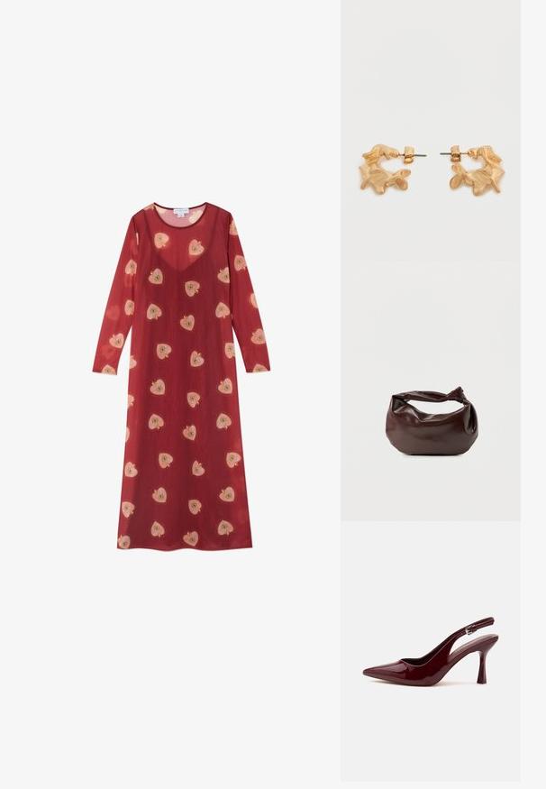 Lang, rød gennemsigtig kjole med scoop-halsudskæring og lange ærmer. Har spredte, broderede rosa og gule hjerte mønstre.; Skinnende mørkerød spids tå slingback højhælet sko med en tynd justerbar rem og spids stilethæl på hvid baggrund.; Mørkebrun læder skuldertaske med en blød, afslappet form og et snoet knudehåndtag på en ensartet hvid baggrund.; Øreringe i guldfarve med en abstrakt, organisk form, der har en tekstureret overflade og lukkemekanisme med stik.