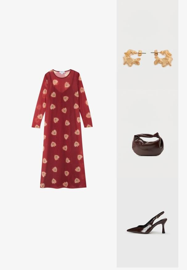 Langes, rotes, durchsichtiges Kleid mit einem runden Ausschnitt und langen Ärmeln. Verziert mit verstreuten, gestickten rosa und gelben Herzmustern.; Braune lackleder Slingback-Absätze mit spitzem Zehen, einem dünnen Absatz und einem verstellbaren Riemen mit einer kleinen Schnalle.; Dunkelbraune Lederschultertasche mit weicher, lockerer Form und einem gedrehten Knotengriff vor schlichtem weißem Hintergrund.; Ohrstecker in Goldoptik mit abstrakter, organischer Form, die eine strukturierte Oberfläche und einen Steckverschluss aufweisen.