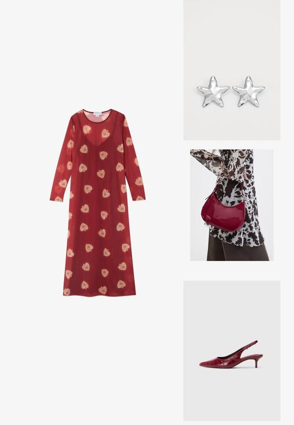 Langes, rotes, durchsichtiges Kleid mit einem runden Ausschnitt und langen Ärmeln. Verziert mit verstreuten, gestickten rosa und gelben Herzmustern.; Burgunderfarbene Leder-Slingback-Pumpe mit Krokodilleder-Textur, spitzem Zehenbereich, verstellbarem Riemen mit Schnalle und niedrigem Kitten-Absatz auf einem weißen Hintergrund.; Frau trägt eine schwarz-weiß gemusterte Bluse und hält eine glänzende rote Schultertasche vor einem einfarbigen Hintergrund.; Silberne sternförmige Ohrringe mit einer polierten, glänzenden Oberfläche. Jeder Ohrring hat fünf Spitzen und dezente Oberflächentexturdetails.