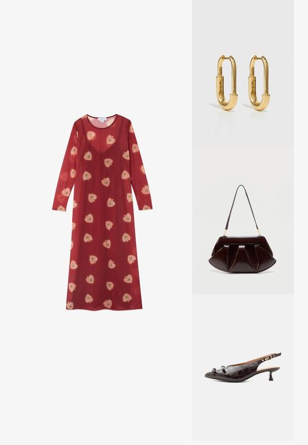 Lang, rød gennemsigtig kjole med scoop-halsudskæring og lange ærmer. Har spredte, broderede rosa og gule hjerte mønstre.; Mørkebrun croc-præget slingback-pumpe med spids tå, lav kitten-hæl, to dekorative sløjfer og justerbar rem med gyldent spænde.; Mørkebrun læderhåndtaske med opsamlede plisseringer, guldfarvet hardware og en enkelt skulderrem mod en enkel lys baggrund.; Guld metal hoop øreringe med en forlænget oval form, der har en glat, poleret overflade og et lille hængsel til fastgørelse.