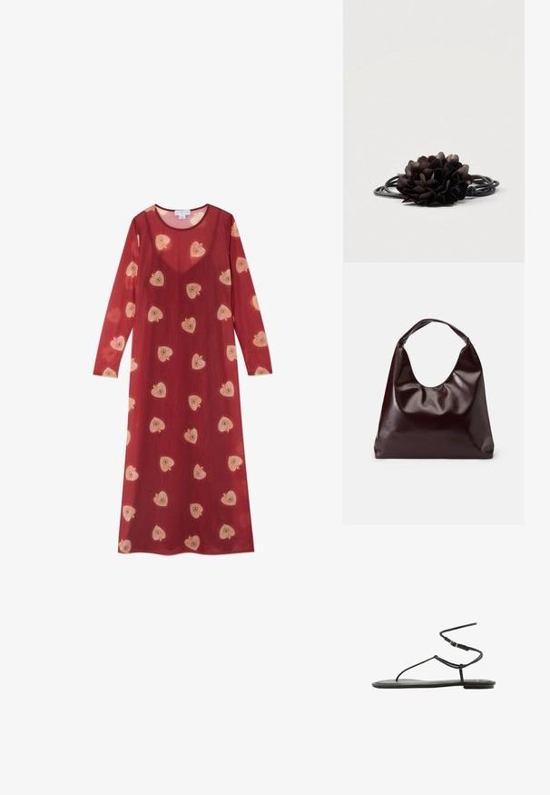 Lang, rød gennemsigtig kjole med scoop-halsudskæring og lange ærmer. Har spredte, broderede rosa og gule hjerte mønstre.; Sort flad sandal med tynde stropper og ankelrem med spænde, minimalistisk design, set fra siden på hvid baggrund.; Bordeaux, skinnende vegansk læder tote taske med en blød, skulpturel form og et bredt, buet håndtag for nem bæring.; Sort blomsterhårpynt med lagdelt blomsterdesign, lavet af tekstureret materiale, fastgjort til et sort elastikbånd.