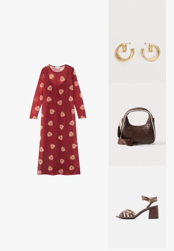 Langes, rotes, durchsichtiges Kleid mit einem runden Ausschnitt und langen Ärmeln. Verziert mit verstreuten, gestickten rosa und gelben Herzmustern.; Braune Ledersandale für Damen mit mehreren vorderen Riemen, einem verstellbaren Riemen am Knöchel und Blockabsatz auf weißem Hintergrund.; Braune gewebte Lederhandtasche mit weißer Paspel, goldenem Reißverschluss und abnehmbarem braunem Stoff-Schulterriemen.; Paar glänzende goldene Doppel-Loop-Creolen mit Steckverschlüssen vor weißem Hintergrund.