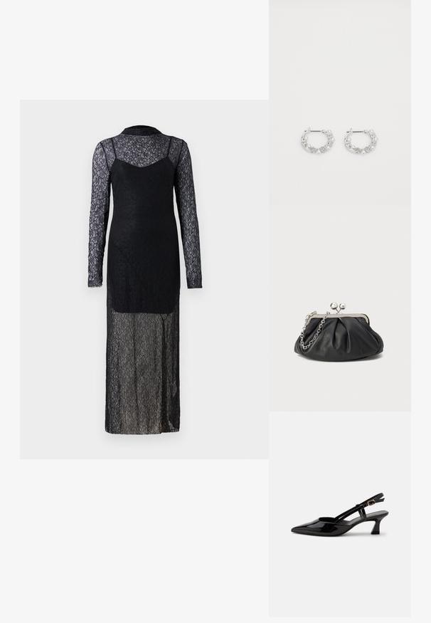 Zwarte kanten jurk met lange doorzichtige mouwen, een fitted lijfje en een vloeiende rok. Bevat bloemmotieven en een hoge halslijn.; Zwarte lakleren slingback kitten heel schoen met spitse neus en verstelbare gouden gespsluiting op een witte achtergrond.; Zwarte leren clutch met geplooide textuur, zilverkleurig metalen frame, drukknopsluiting en kettingriem. Glad, zacht oppervlak.; Zilveren oorringen met parel- en kristalaccenten, met een gestructureerd oppervlak en een veilige postsluiting.