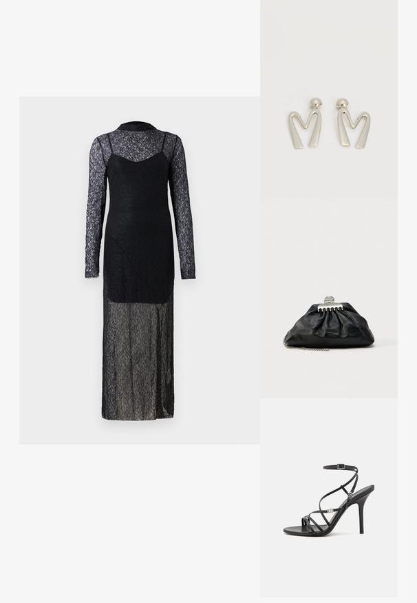 Vestido de encaje negro con mangas larguitas de tul, un cuerpo ajustado y una falda fluida. Presenta patrones florales y un escote alto.; Sándalo negro de tacón alto con tiras finas, hebilla en el tobillo, superficie de cuero suave y tacón de aguja esbelto.; Bolso de mano de cuero negro con diseño fruncido, cierre de herrajes plateados y correa de cadena. Marca sutil grabada en relieve en la parte delantera.; Par de pendientes de metal plateado con forma de letra M angular y postes redondeados sobre un fondo blanco.