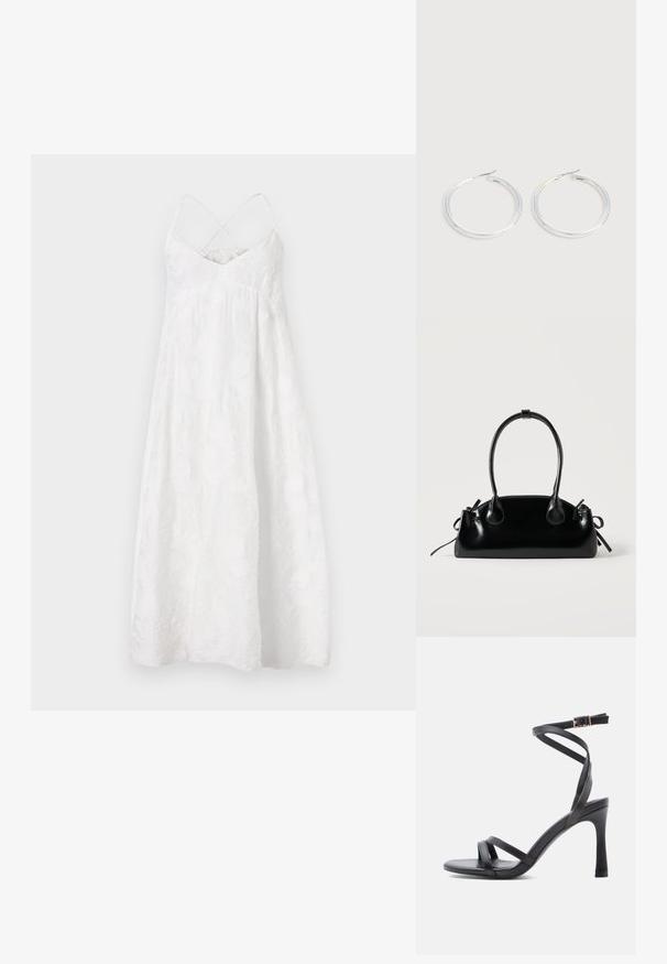 DRYKORN AVISSA - Vestido informal - off white; Sandalias negras de tacón alto con un diseño elegante, que cuentan con dos tiras estrechas sobre los dedos y una correa cruzada en el tobillo con hebilla.; Pequeño bolso negro brillante con dos asas largas y detalles de cordón lateral sobre un fondo claro liso.; Pareja de pendientes de aro plateados brillantes con cierres de alambre delgado, mostrados sobre un fondo gris claro.