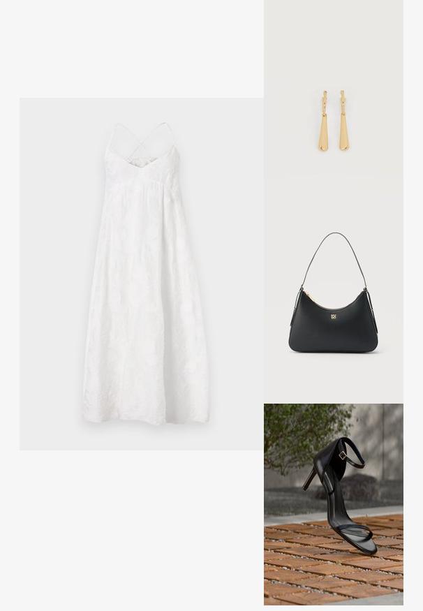 DRYKORN AVISSA - Vestido informal - off white; Sandalia negra de tacón alto con correa en el tobillo, parece suspendida sobre un suelo de baldosas de madera al aire libre, con un fondo difuminado de vegetación y piedra.; Bolso de cuero negro con cremallera dorada, correa delgada y logo "HUGO" dorado centrado en el frente.; Pendientes colgantes en tono dorado con colgantes alargados y suaves en forma de lágrima, colgando de cierres de aros pequeños sobre un fondo blanco.