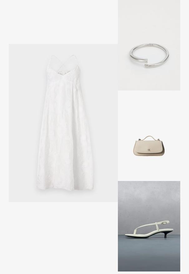 DRYKORN AVISSA - Vestido informal - off white; Sandalia blanca de tacón kitten con tiras y punta afilada, flotando sobre un suelo de baldosas de madera al aire libre, con un fondo desenfocado de plantas y pared.; Pequeño bolso de mano de cuero beige con asa superior y logo plateado de CK en la solapa frontal, mostrado sobre un fondo blanco.; Calvin Klein SPIRAL - Pulsera - silver-coloured