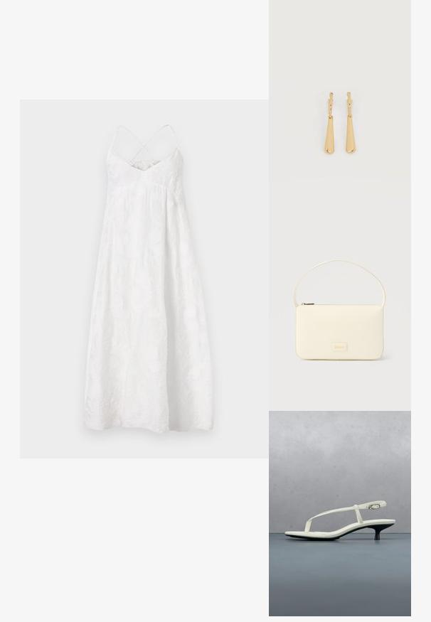 DRYKORN AVISSA - Vestido informal - off white; Sandalia blanca de tacón kitten con tiras y punta afilada, flotando sobre un suelo de baldosas de madera al aire libre, con un fondo desenfocado de plantas y pared.; Bolso rectangular color crema con una sola correa y cremallera superior, con una pequeña placa de logotipo en relieve en el frente.; Pendientes colgantes en tono dorado con colgantes alargados y suaves en forma de lágrima, colgando de cierres de aros pequeños sobre un fondo blanco.