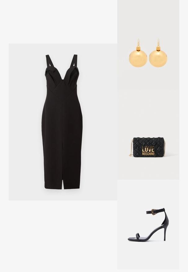 Schwarzes, tailliertes Kleid mit tiefem V-Ausschnitt und breiten Trägern. Es hat ein knielanges Design und einen Schlitz vorne, gefertigt aus einem glatten Stoff.; Schwarze Sandalette mit hohem Absatz, dünnem Knöchelriemen mit einer kunstvoll verzierten goldenen Schnalle und einem einzelnen Zehenriemen, Leder mit strukturierter Oberfläche.; Schwarze gesteppte Umhängetasche mit goldener Kettenriemen und großem goldenen "LOVE MOSCHINO" Logo auf der Vorderseite.; Paar glänzende goldene Weihnachtskugel-Ohrringe mit Hakenverschlüssen auf einfachem weißem Hintergrund.