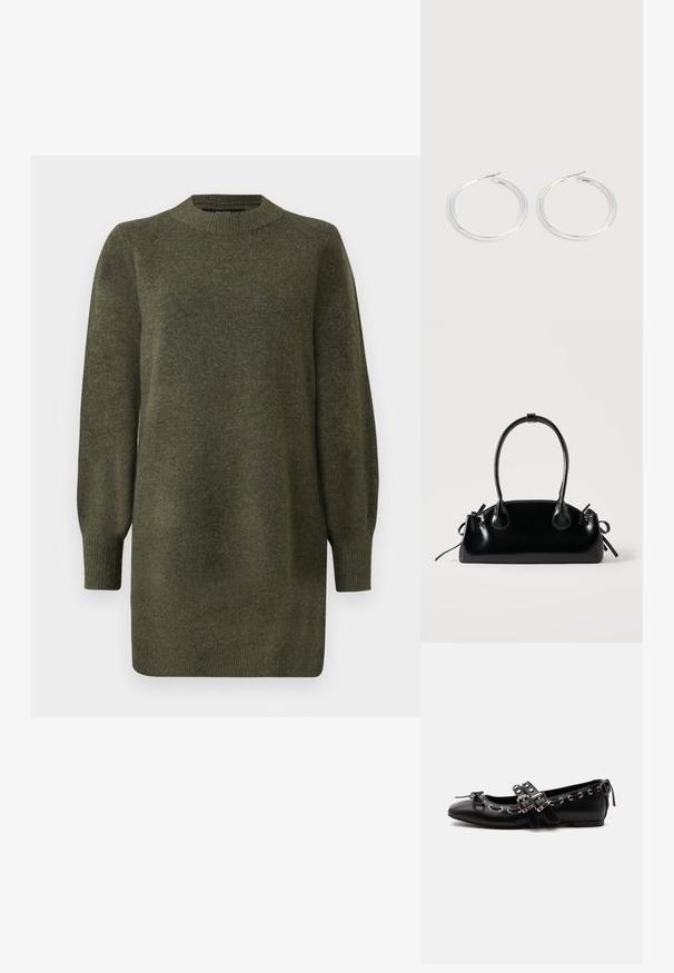 Robe pull en tricot vert olive à manches longues, avec un col rond en côtes, des poignets et un ourlet.; Chaussure de ballet plate noire avec doubles brides à boucle, œillets argentés et petit nœud près de l’orteil arrondi sur fond blanc.; Petit sac à main noir brillant avec deux longues anses et des détails à cordon sur les côtés sur un fond clair uni.; Paire de boucles d'oreilles créoles argentées brillantes avec fermoirs en fil fin, présentée sur un fond gris clair.