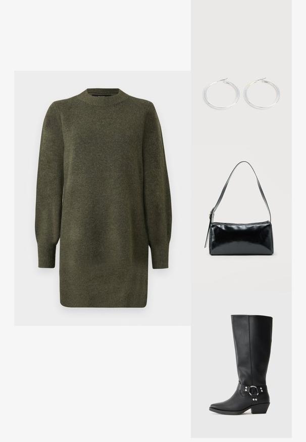 Robe pull en tricot vert olive à manches longues, avec un col rond en côtes, des poignets et un ourlet.; Bottines noires en cuir hauteur genou avec un bout pointu, dotées d'une sangle décorative à la cheville et d'accents en métal argenté. Talon bas empilé.; Sac d'épaule rectangulaire noir avec une sangle réglable unique et une fermeture éclair supérieure sur un fond uni.; Paire de boucles d'oreilles créoles argentées brillantes avec fermoirs en fil fin, présentée sur un fond gris clair.