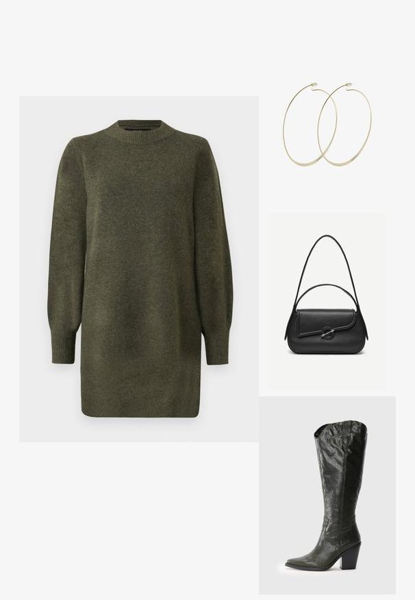 Robe pull en tricot vert olive à manches longues, avec un col rond en côtes, des poignets et un ourlet.; Botte western en cuir noir, haute jusqu'au genou, avec un bout pointu et un talon bloc, sur fond blanc.; Sac à main en cuir noir avec bords arrondis, rabat asymétrique, fermoir circulaire en métal, et des bandoulières courtes et longues.; Pilgrim Boucles d'oreilles - gold-coloured