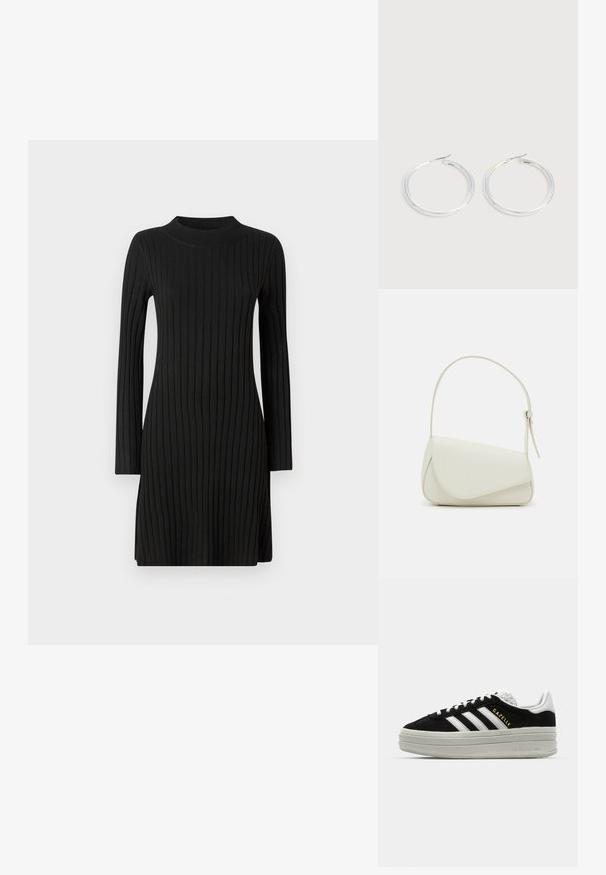 Vestido de punto negro acanalado con mangas largas, escote alto y una forma ligeramente en A, que presenta rayas verticales en toda su superficie.; Zapatillas negras de ante con detalles en cuero blanco, tres rayas blancas, cordones planos y una gruesa suela de plataforma gris. Marca "Gazelle" en dorado.; Bolso de mano de imitación cuero blanco con una forma triangular estructurada, correa ajustable única y cierre con solapa acentuada en curva.; Pareja de pendientes de aro plateados brillantes con cierres de alambre delgado, mostrados sobre un fondo gris claro.