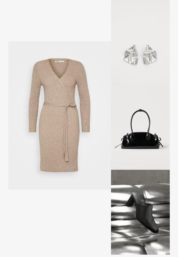 Robe portefeuille en maille côtelée beige avec des manches longues, décolleté en V et taille nouée. Texture lisse, design ajusté, ourlet mi-long.; Mule en cuir noir avec talon bloc reposant sur une surface argentée brillante capitonnée, mettant en valeur son design élégant et ses détails incurvés.; Petit sac à main noir brillant avec deux longues anses et des détails à cordon sur les côtés sur un fond clair uni.; Boucles d'oreilles en métal argenté avec un design ondulé et sculptural, présentant une finition polie et des formes irrégulières, mettant en valeur une esthétique contemporaine.