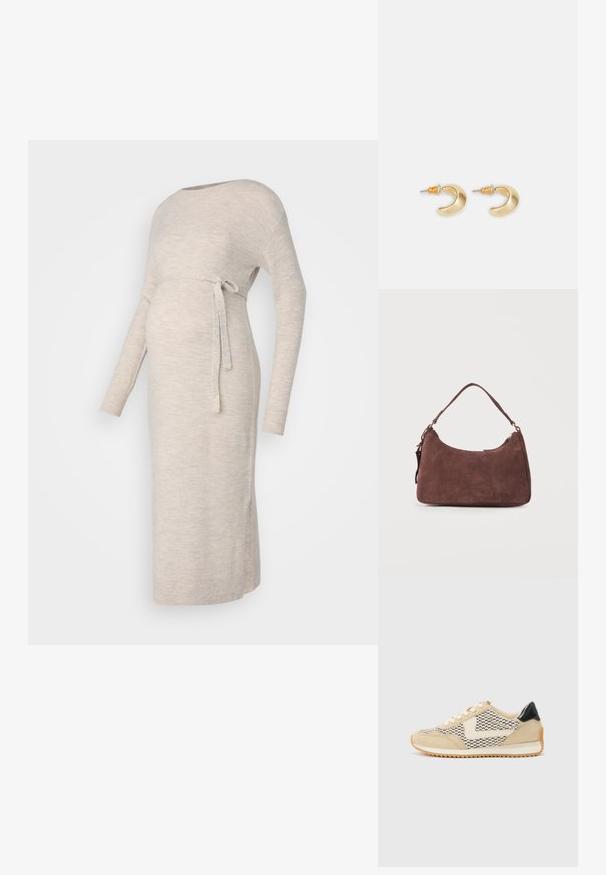 Gebreid zwangerschapsjurk in lichtbeige met lange mouwen, bootnek met een strikriem in de taille, en zijopeningen voor extra bewegingsvrijheid.; Beige sneaker met bovenwerk van gestructureerde stof, patroonaccenten, roomkleurige rubberen zool en zwarte hieldetails. Vetersluiting met licht gewatteerde kraag.; Bruine suède schoudertas met een enkele handgreep en een ritssluiting, afgebeeld tegen een effen lichte achtergrond.; Gouden halvmaanvormige oorbellen met een gladde afwerking, voorzien van oranje accenten bij de stekker en zilveren hardware.