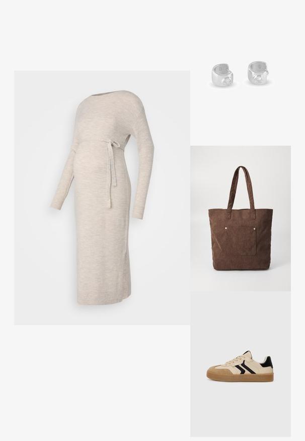 Strikket graviditetskjole i lys beige med lange ærmer, bådudskæring og et bælte i taljen, der har sideskårne slids, der giver bevægelsesfrihed.; Beige sneakers med sorte detaljer, lavet af ruskind og læder, lav-top design, rund tå, struktureret tan gummi sål og snørebåndssystem.; Brun kordfløjl tote taske med to håndtag, en frontlomme og gyldne metalakcenter. En simpel rektangulær form med struktureret stof.; Par sølvcreoler med en hjerteformet klar ædelsten sat på den ydre overflade af hver creol.