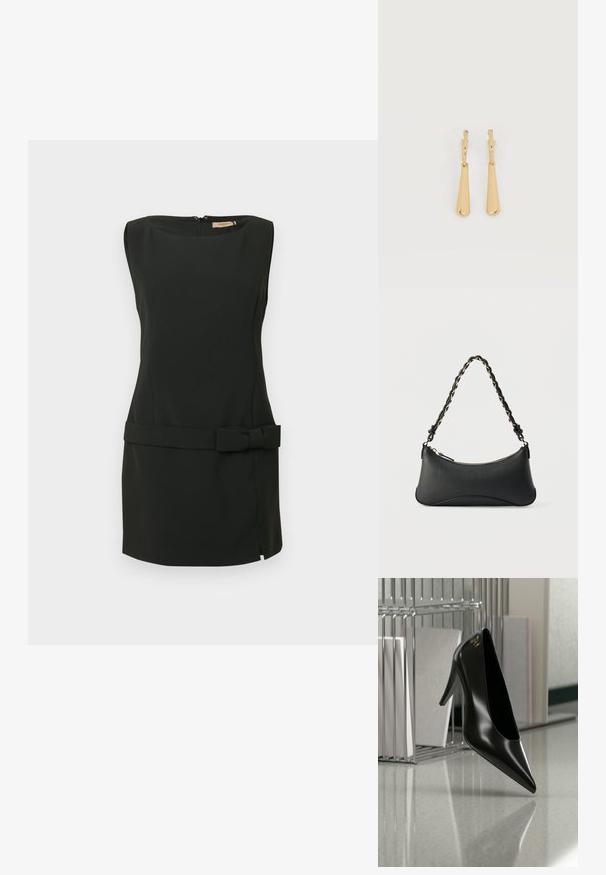 Vestido negro sin mangas confeccionado con tela suave, con silueta ajustada, abertura lateral y detalle de lazo en la cintura. Cierre con cremallera en la espalda.; Zapato de tacón alto negro con punta afilada y logo dorado, colocado sobre una superficie reflectante cerca de un organizador de archivos de alambre cromado con documentos.; Bolso de hombro de cuero negro con forma rectangular curvada, cadena dorada entrelazada en una correa negra trenzada y cierre superior con cremallera.; Pendientes colgantes en tono dorado con colgantes alargados y suaves en forma de lágrima, colgando de cierres de aros pequeños sobre un fondo blanco.