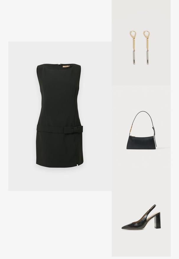 Vestido negro sin mangas confeccionado con tela suave, con silueta ajustada, abertura lateral y detalle de lazo en la cintura. Cierre con cremallera en la espalda.; Zapato slingback de piel negra con puntera puntiaguda, tacón alto y ancho, y forro interior beige sobre un fondo claro y liso.; Bolso de mano de cuero negro con cremallera dorada y correa ajustable con detalles rectangulares dorados sobre un fondo blanco.; Pendientes colgantes de oro y plata con cierres de palanca, que presentan una barra de oro unida a una barra de plata grabada con "DKNY" sobre un fondo blanco.