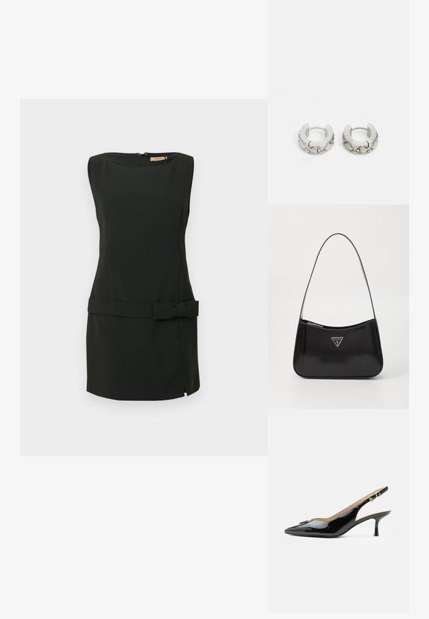 Vestido negro sin mangas confeccionado con tela suave, con silueta ajustada, abertura lateral y detalle de lazo en la cintura. Cierre con cremallera en la espalda.; Tacón slingback de charol negro con puntera puntiaguda, tacón pequeño tipo kitten y correa con hebilla plateada sobre un fondo blanco liso.; Bolso de hombro de charol negro con forma curva, que presenta un logotipo triangular plateado y un cierre de cremallera. Textura suave y correa delgada.; Guess STYLISH - Pendientes - silver-coloured