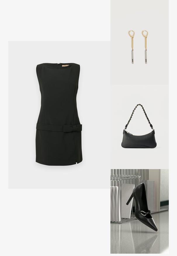 Vestido negro sin mangas confeccionado con tela suave, con silueta ajustada, abertura lateral y detalle de lazo en la cintura. Cierre con cremallera en la espalda.; Zapato de tacón alto negro con puntera y correa con hebilla plateada, colocado sobre una superficie reflectante cerca de un organizador de archivos metálico que sostiene papeles.; Bolso de hombro de cuero negro con forma rectangular curvada, cadena dorada entrelazada en una correa negra trenzada y cierre superior con cremallera.; Pendientes colgantes de oro y plata con cierres de palanca, que presentan una barra de oro unida a una barra de plata grabada con "DKNY" sobre un fondo blanco.