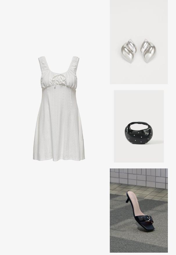 Weißes ärmelloses Kleid mit gerafftem Ausschnitt, Bindegurt und strukturiertem Stoff mit Perforationen. Eine ausgestellte Silhouette mit sanften Linien.; Schwarze Mule-Sandalette mit Absatz und quadratischer Spitze, silberne Schnalle am Riemen, auf Asphalt neben einer gefliesten Wand platziert.; Schwarze Lederhandtasche mit abgerundeter Form, verziert mit silbernen Nietenakzenten und kurzem Griff. Glatte Struktur und Reißverschlussverschluss.; Silberne Ohrringe mit einer organischen, abstrakten Form. Glatte, glänzende Oberfläche mit einem konischen Design. Mit dezenten Kurven und einem zentralen Linienelement.
