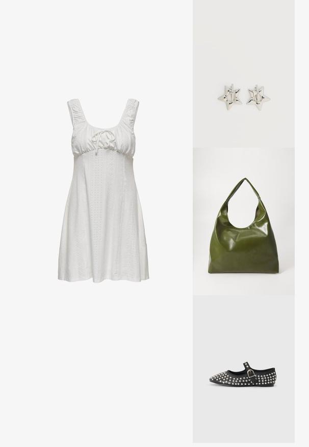 Weißes ärmelloses Kleid mit gerafftem Ausschnitt, Bindegurt und strukturiertem Stoff mit Perforationen. Eine ausgestellte Silhouette mit sanften Linien.; RAID CASIEE - Klassischer Ballerina - black; Grüne Leder-Hobo-Tasche mit einem lässigen Design, gebogenem Griff und glatter Textur. Enthält keine sichtbaren Beschläge oder Akzente.; Silberne, sternförmige Creolen mit einer glatten, polierten Oberfläche auf weißem, schlichtem Hintergrund.