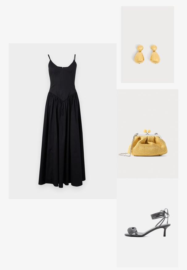 Robe maxi noire avec des bretelles fines, un corsage ajusté et une jupe froncée. Fabriquée en tissu léger avec une texture lisse et un léger éclat.; Sandale à talon en cuir gris avec une bride nouée sur les orteils et des lacets enroulants autour de la cheville, sur un talon moyen et fin, sur fond blanc.; Petit sac à main tissé jaune avec cadre argenté, deux fermoirs boules jaunes et une bandoulière chaîne argentée sur fond blanc.; Paire de boucles d'oreilles dorées brillantes en forme de goutte, avec une petite pièce arrondie en haut reliée à une pièce plus grande en forme de poire en bas.