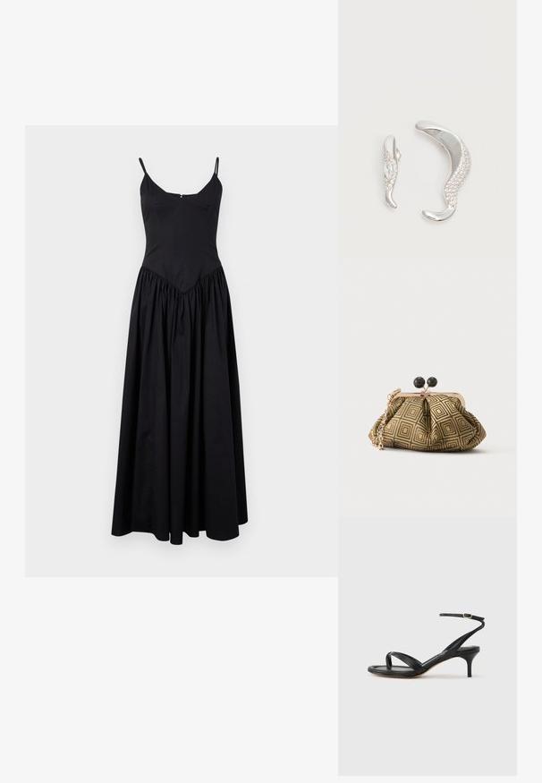 Robe maxi noire avec des bretelles fines, un corsage ajusté et une jupe froncée. Fabriquée en tissu léger avec une texture lisse et un léger éclat.; Sandale pour femme en cuir noir avec fines lanières, une boucle d'orteil, une boucle à la cheville et un talon aiguille de hauteur moyenne sur un fond neutre.; Petite pochette avec motif géométrique doré et noir, cadre en métal doré, fermeture à boule noire et une courte chaîne dorée.; Deux boucles d'oreilles argentées courbées, l'une plus grande que l'autre, toutes deux ornées de petits cristaux scintillants le long d'un bord.