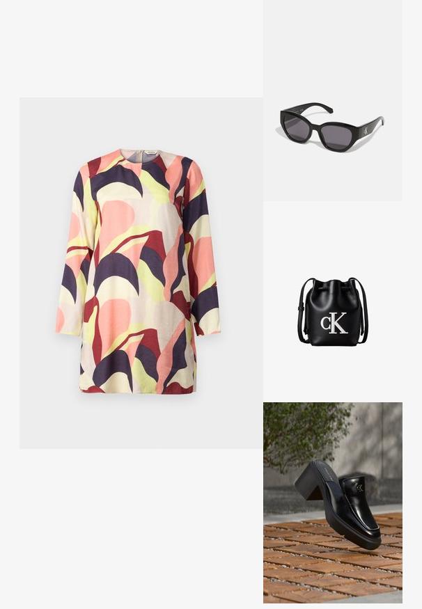 En farverig, langærmet tunika med et mix af pink, lilla og grønne abstrakte bladmønstre på en lys baggrund. Blødt stof.; Sort læder Calvin Klein slip-on mule med blokhæl, der hviler på trætøj udendørs nær en grøn plante og en grå væg.; Sorte solbriller med et strømlinet, vinklet design, mørke linser og et kontrasterende sølvlogo på siden. Glat plastoverflade.; Sort læder bucket taske med snørelukning på toppen og hvidt "cK" logo foran, med justerbar skulderrem.