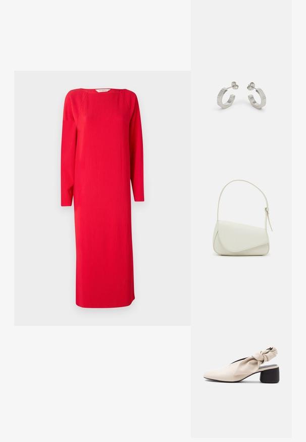 Vestido de punto acanalado rojo con mangas largas, cuello redondo y forma recta. La tela tiene una apariencia texturizada y una longitud a mitad de pantorrilla.; Zapato beige para mujer con tacón bajo, punta afilada y detalle de tira retorcida sobre el empeine y el talón.; Bolso de mano de imitación cuero blanco con una forma triangular estructurada, correa ajustable única y cierre con solapa acentuada en curva.; Pendientes aros de metal plateado con un diseño texturizado, que cuentan con un pequeño respaldo de clip y una marca en uno de los aros. Forma redondeada con un acabado pulido.