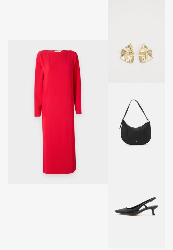 Vestido de punto acanalado rojo con mangas largas, cuello redondo y forma recta. La tela tiene una apariencia texturizada y una longitud a mitad de pantorrilla.; Zapato slingback de piel negra con punta afilada, tacón bajo tipo bloque, detalle en los laterales recortados y correa ajustable en el tobillo. Textura suave en toda la superficie.; Bolso de mano de cuero negro con forma curva, superficie texturizada, costuras frontales y un logo en tono dorado. Cuenta con una sola correa ajustable.; Pendientes metálicos dorados con un diseño ondulado; superficie lisa y reflectante; forma asimétrica; sin patrones o elementos visibles.