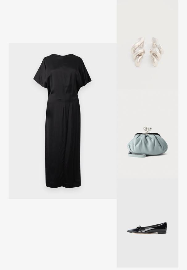 Robe midi en satin noir avec manches courtes, encolure bateau et taille légèrement ajustée, présentée sur fond blanc.; Chaussure plate en cuir verni noir avec un bout pointu, une petite lanière décorative et un petit talon carré. Texture lisse et design épuré.; Petit porte-monnaie en cuir bleu clair avec fermoir métallique argenté de type kiss-lock et court bracelet de poignet sur fond uni.; Boucles d'oreilles clips en métal argenté torsadé avec une finition lisse et brillante, présentant un design moderne et abstrait en spirale.