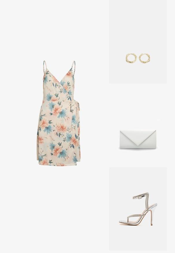 Blomsteromviklet kjole i creme med blå og pink blomster, justerbare stropper og sidebinding. Blødt stof med et flydende, let design.; RAID RORY - Højhælede sandaletter / Højhælede sandaler - silver; Hvid kuvert-stil clutch-taske med en trekantet klap og glat tekstur, vist mod en ensartet hvid baggrund.; Gul hoop ørestikker med en struktureret, uregelmæssig form. Har en sømløs lukning og en poleret overfladefinish, der fremhæver et moderne design.