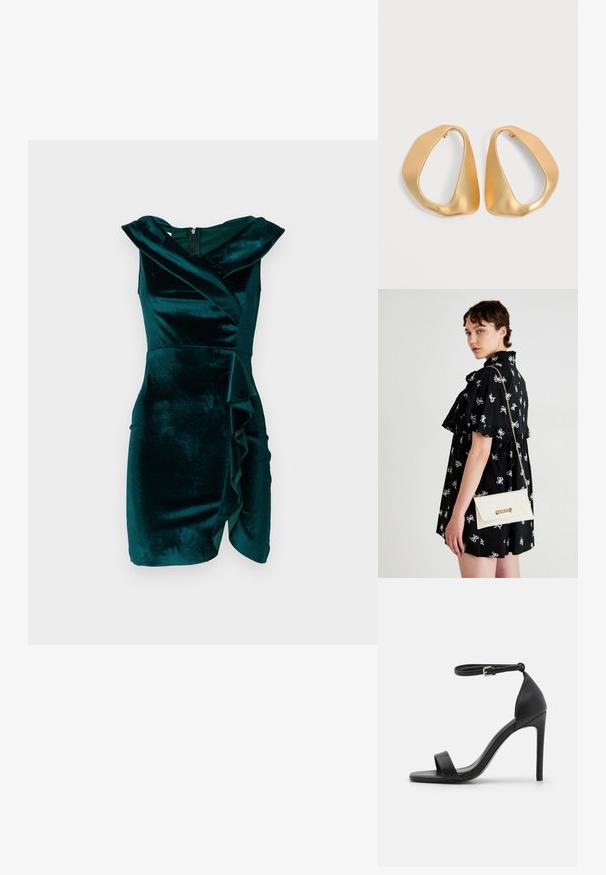 Robe en velours bleu canard avec un design enroulé, sans manches, présentant un détail de volants asymétriques à l'avant et une fermeture éclair dissimulée dans le dos.; Sandale noire à talons hauts au design épuré, avec une bride au niveau de la cheville, un bout ouvert et une texture en cuir lisse.; Robe noire avec des motifs de nœuds blancs, manches courtes, volants aux épaules. Pochette blanche avec chaîne en or et fermoir, tenue dans la main droite.; Paire de boucles d’oreilles créoles en or irrégulières et asymétriques avec une finition lisse et mate sur un fond neutre.