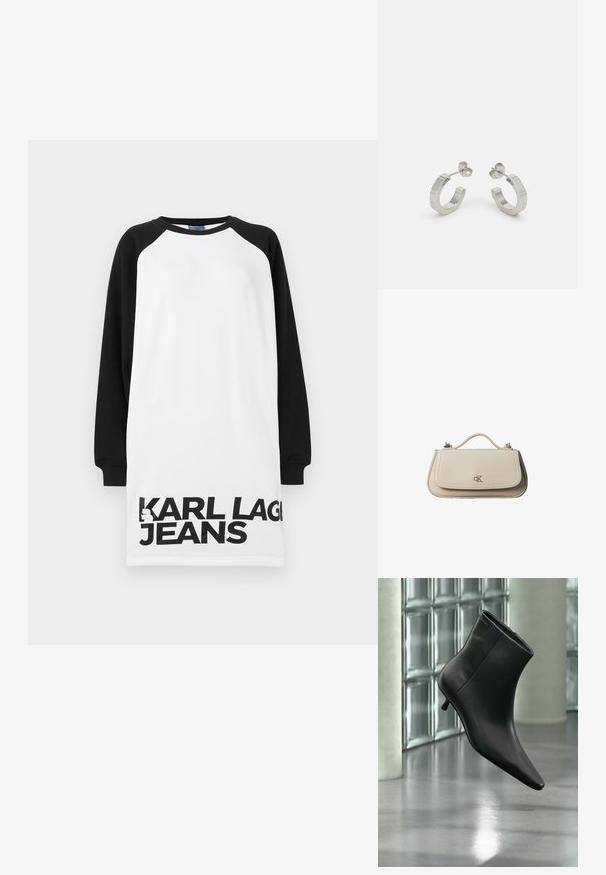 Biele a čierne naddimenzionované šaty s raglánovými rukávmi, na spodnej strane so silným čiernym textom "KARL LAGERFELD JEANS". Hladký bavlnený materiál.; Čierna kožená členková čižma so špicatou špičkou a nízkym kitten podpätkom, zobrazená šikmo na pozadí leštenej podlahy a steny zo sklenených blokov.; Malá béžová kožená kabelka s horným držadlom a strieborným logom CK na prednej chlopni, zobrazená na bielom pozadí.; Strieborné kovové náušnice v tvare kruhu s textúrovaným dizajnom, s malým zarážacím zapínaním a logom na jednom kruhu. Zaoblený tvar s lesklým povrchom.