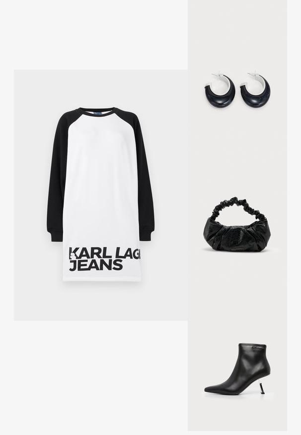 Biele a čierne naddimenzionované šaty s raglánovými rukávmi, na spodnej strane so silným čiernym textom "KARL LAGERFELD JEANS". Hladký bavlnený materiál.; Čierna kožená členková čižma s špicatou špičkou a lesklým strieborným ihličkovým podpätkom na bielom pozadí.; Čierna textúrovaná kožená kabelka so zúženou elastickou rukoväťou a jemným logom "Karl Lagerfeld Jeans" na prednej dolnej strede.; Čierne zŕnené kruhové náušnice s lesklým povrchom a akcentmi zo strieborného tónu. Kruhový tvar s výrezom a uzavretím na klip.