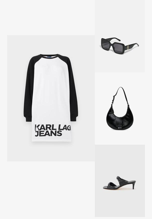 Valkoinen ja musta ylisuuri mekko raglan-hihoilla, jossa on rohkea musta teksti "KARL LAGERFELD JEANS" alareunassa. Smithä puuvillamateriaalia.; Mustat nahkaiset sandaalit, joissa on neliskulmainen kärki ja korollinen lesti. Varustettu kerätyillä hihnoilla ja ohuella korolla lisäkorkeuden saamiseksi.; Mustat aurinkolasit, joissa on paksu neliömäinen kehys, tummat linssit, kiiltävä pinta ja kultainen yksityiskohta sankoissa.; Musta kiiltävä patentoitu nahkaisen kuun muotoinen käsilaukku säädettävällä hihnalla ja Karl Lagerfeld Jeans -logopatchilla edessä.