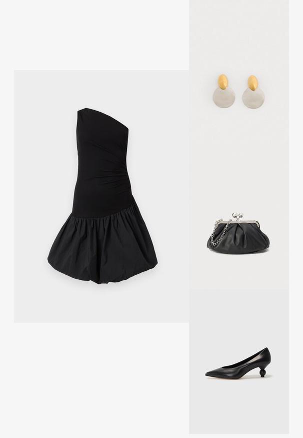One-shoulder black dress featuring a fitted bodice and a voluminous, gathered skirt. Made from smooth, lightweight fabric with a matte finish.; Black leather high heel shoe with a pointed toe and a round, balled heel. Smooth texture with a sleek, minimal design.; Black leather clutch with gathered texture, silver-tone metal frame, kiss-lock closure, and chain strap. Smooth, soft surface.; Gold and silver metal earrings featuring a round disc base and an oval top piece, smooth texture, and polished finish.