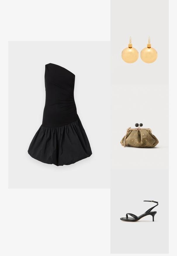 One-shoulder black dress featuring a fitted bodice and a voluminous, gathered skirt. Made from smooth, lightweight fabric with a matte finish.; Black leather women's sandal with thin straps, a toe loop, ankle buckle, and a mid-height stiletto heel on a neutral background.; Small clutch purse with gold and black geometric pattern, gold-tone metal frame, black ball clasp, and a short gold chain strap.; Pair of shiny gold Christmas bauble earrings with hook fastenings on a plain white background.