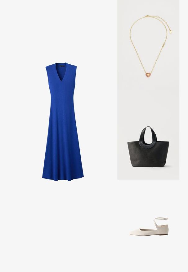 Robe tricotée bleu roi sans manches avec col en V et jupe midi évasée, présentée sur fond blanc.; Chaussure plate pour femme à bout pointu en cuir écru avec une bride à la cheville et une petite boucle, vue de profil.; Sac cabas noir texturé avec de larges poignées arrondies présentant le nom de la marque embossé "Samsøe Samsøe" sur fond neutre.; Collier en or avec un pendentif en forme de cœur, orné de strass roses et transparents, sur une chaîne délicate avec des embellissements sporadiques.
