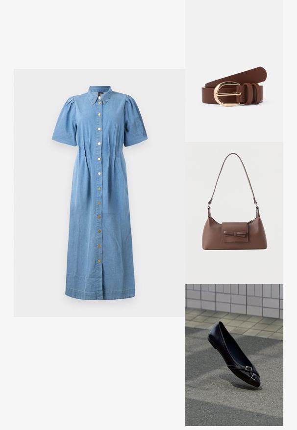Denim jurk met korte puffmouwen, kraag en een sluiting met knopen aan de voorkant. Lichtblauwe kleur met een getailleerde taille en rechte silhouet.; Zwarte spitse ballerina met twee kleine zilveren gespen zwevend boven asfalt bij een achtergrond van betegelde muur.; Bruine leren schoudertas met een voorvak met klep en een gestikte strikdetail en een verstelbare band.; Bruine leren riem met een glanzende gouden gesp en twee leren lussen. Gladde textuur, plat ontwerp en afgeronde uiteinden.