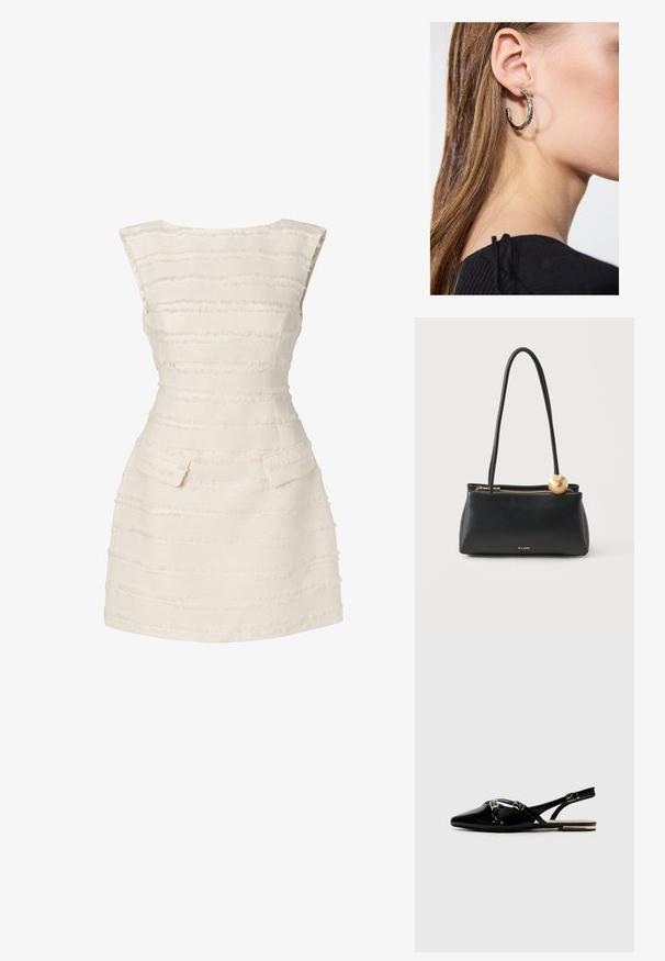 Weißes Kleid mit vertikalen Strukturstreifen, figurbetontem Schnitt, Rundhalsausschnitt und zwei kleinen vorderen Taschen.; Schwarze Lack-Slingbacks mit spitzem Zeh, die zwei goldene Schnallen und einen kleinen Absatz besitzen. Glatte Textur und minimalistisches Design.; Schwarze rechteckige Ledertasche mit langen Henkeln, goldfarbenem Reißverschluss, goldener kugelförmiger Verzierung und kleinem ALDO-Logo vorne in der Mitte.; Silberne Creolen mit polierter Oberfläche, die kleine goldene Akzentdetails und eine runde Form aufweisen, am Ohrläppchen getragen.
