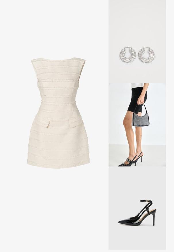 Hvid kjole med vertikale teksturerede striber, tætsiddende design, scoop halsudskæring og to små forlommer.; Sorte laklæder højhælede slingback-sko med spids tå, justerbar ankelrem og åben sider. Glat tekstur.; Sort perlehandtaske med en buet silhuet, bærehåndtag og blank overflade. Båret med højhælede sorte sko og tætsiddende sorte shorts.; Sølvøreringe med flere klare krystaludsmykninger, med en struktureret overflade og et åbent rundt design.