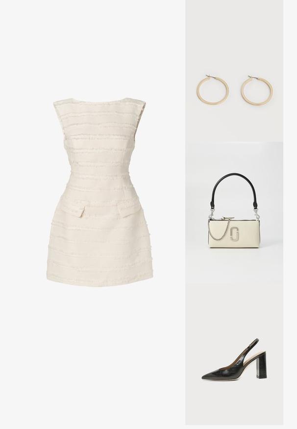 Witte jurk met verticale gestructureerde strepen, getailleerd ontwerp, ronde halslijn en twee kleine voorkant zakken.; Zwarte leren slingback schoen met spits toelopend neusje, hoge blokhak en beige binnenvoering tegen een effen lichte achtergrond.; Crème-kleurige handtas met een zwarte hengsel, zilveren kettingdetail en een prominent logo aan de voorkant. Glad oppervlak en ritssluiting.; Een paar gladde goudkleurige middelgrote creooloorbellen met scharniersluitingen op een effen lichte achtergrond.