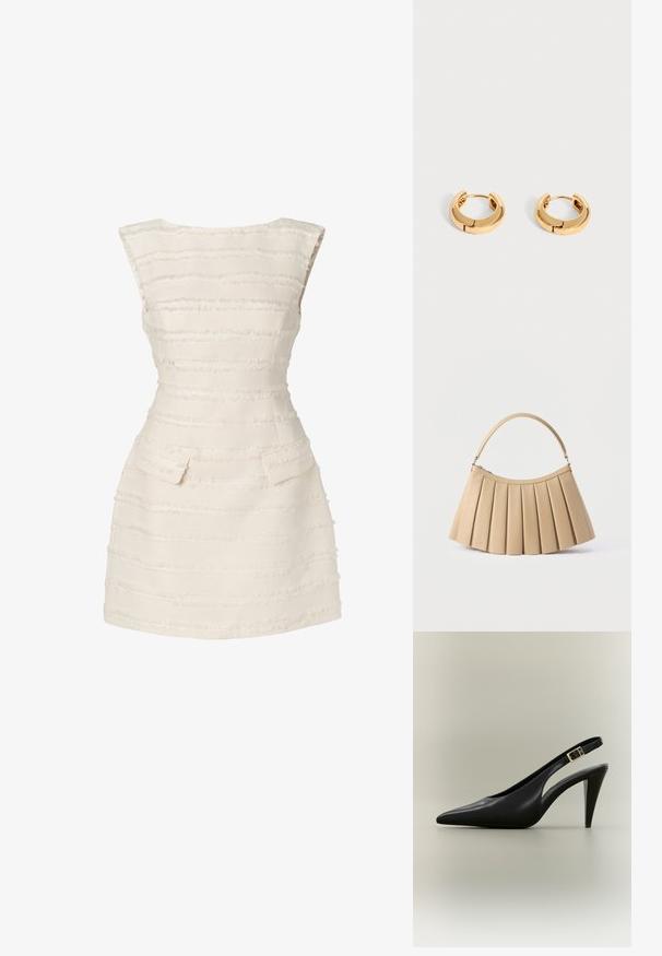 Witte jurk met verticale gestructureerde strepen, getailleerd ontwerp, ronde halslijn en twee kleine voorkant zakken.; Zwarte leren slingback pumps met een puntige neus, een gouden gesp en een taps toelopende hak tegen een neutrale achtergrond.; Beige plissé handtas met een gebogen bovenrits en een enkele boogvormige handgreep, weergegeven op een witte achtergrond.; Een paar kleine, dikke gouden oorringen met een gladde, glanzende afwerking op een eenvoudige lichte achtergrond.