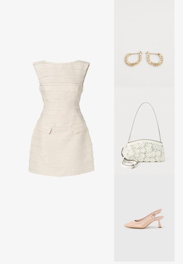 Witte jurk met verticale gestructureerde strepen, getailleerd ontwerp, ronde halslijn en twee kleine voorkant zakken.; Beige lakleren slingback pumps met hoge hak, puntige neus en elastische band met merkschrift, afgewerkt met een strik bij de hiel.; Witte handtas met kettingriem, bedekt met 3D bloemenapplicaties met metalen studs in het midden en een afneembare leren schouderriem.; Gouden creolen met een geribbeld ontwerp en kleine heldere kristallen langs de rand, wat zorgt voor een gestructureerd en reflecterend oppervlak.
