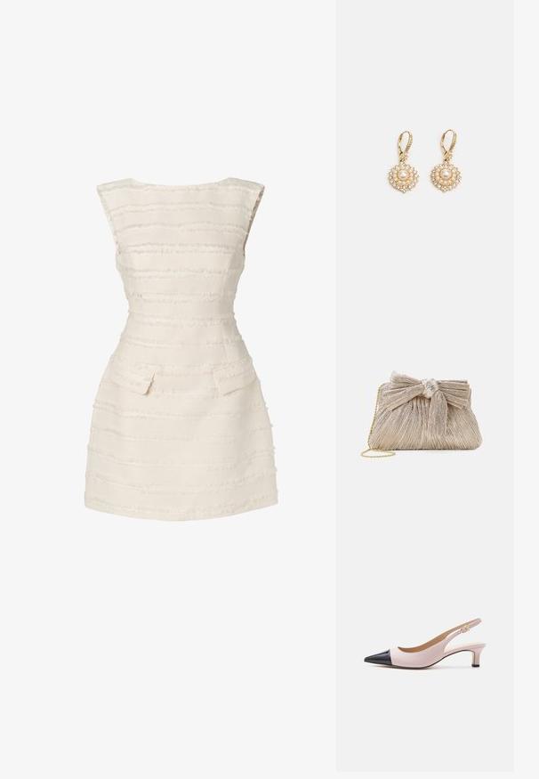 Witte jurk met verticale gestructureerde strepen, getailleerd ontwerp, ronde halslijn en twee kleine voorkant zakken.; Beige en zwarte slingback kittenheel schoen met spitsen teen en kleine gouden gesp op witte achtergrond.; Metalen gouden clutch tas van geplooid stof, met een strikdetail aan de bovenkant en een gouden kettingband voor veelzijdigheid en gemakkelijk dragen.; Marchesa ROUND PEARL DROP - Oorbellen - gold-coloured